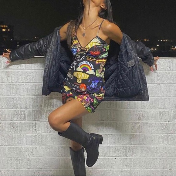 Omighty Logomania Black Mini Dress Size S Stretch Tattoo Sexy Sheer Straps Layer - Picture 17 of 17